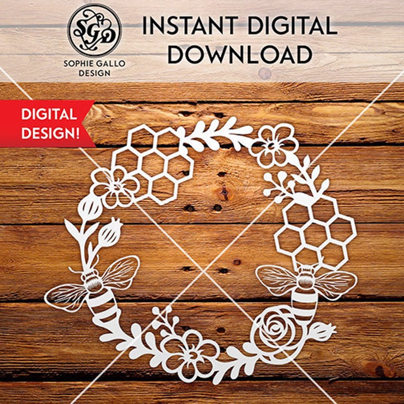 Honey Bee Wreath SVG, DXF & PNG digital download files for Silhouette Cricut vector clip art graphics Vinyl Cutting Machine, Screen Printing 