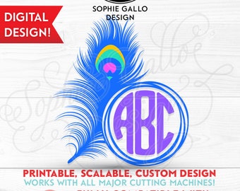 Peacock Monogram Feather Frame - Fichiers de téléchargement numérique SVG, DXF & PNG pour les machines de découpe Silhouette / Cricut, graphiques vectoriels, impression à domicile