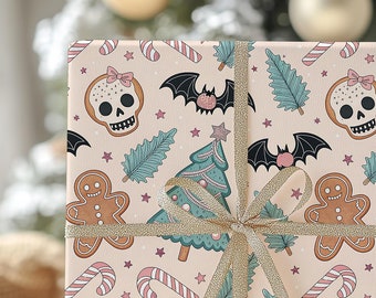 Pastel Goth Christmas Wrapping Paper Roll, Creepy Cute Pink Christmas Gift Wrap Roll, Holiday Gift Wrap, Gothic Christmas Wrapping Paper