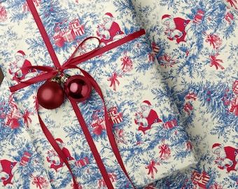 Papel de regalo vintage azul y rojo con diseño de Papá Noel, rollo de papel de regalo navideño de estilo chinoiserie, elegante y tradicional.