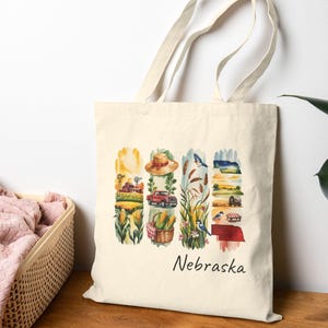 Borsa tote del Nebraska, borsa tote in tela di cotone con gli Stati Uniti, borsa riutilizzabile con pennellate, borsa della spesa, regalo di compleanno per lei, borsa per libri dello Stato del Nebraska