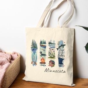 Borsa tote Minnesota, borsa tote in tela di cotone con stemma degli Stati Uniti, borsa riutilizzabile con pennellate, borsa della spesa, regalo di compleanno per lei, regali del Minnesota