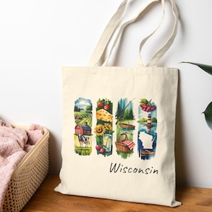 Borsa tote Wisconsin, borsa tote in tela di cotone con gli Stati Uniti, borsa riutilizzabile con pennellate, borsa della spesa, regalo di compleanno per lei, borsa per libri del Wisconsin