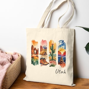 Utah Tote Bag, US States Cotton Canvas Tote Bag, Brush Strokes Reusable Bag, Grocery Bag, Birthday Gift For Her, Utah Gifts, Book Bag
