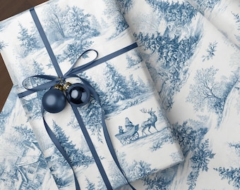 Vintage Christmas Toile Chinoiserie Wrapping Paper Roll Classic Blue Elegant Reindeer Sleigh Holiday Gift Wrap Luxury Winter Cottage Scene