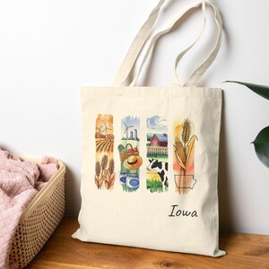 Borsa tote Iowa, borsa tote in tela di cotone con stemma degli Stati Uniti, borsa riutilizzabile con pennellate, borsa della spesa, regalo di compleanno per lei, borsa per libri dello Stato dell'Iowa