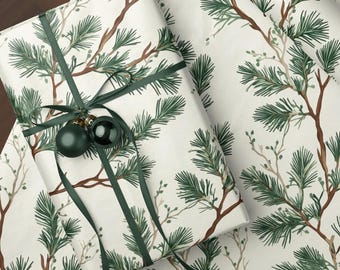 Rustic Pine Branches Wrapping Paper Roll Woodland Christmas Gift Wrap Natural Evergreen Wrapping for Birthday Holiday or Any Occasion