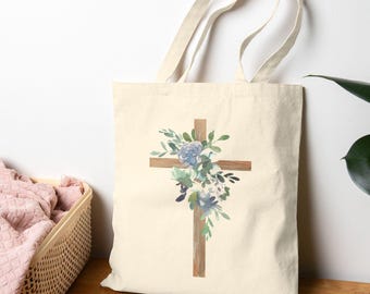Bolsa de mano con cruz floral, bolsa de mano cristiana, bolsa de lona de algodón para libros, bolsa para la Biblia, regalos cristianos, regalo de bautismo para niñas, bolsa para estudio bíblico