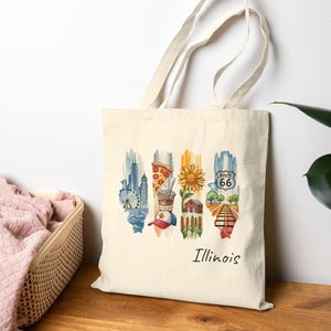 Borsa tote Illinois, borsa tote in tela di cotone con stemma degli Stati Uniti, borsa riutilizzabile con pennellate, borsa della spesa, regalo di compleanno per lei, borsa per libri dello Stato dell'Illinois