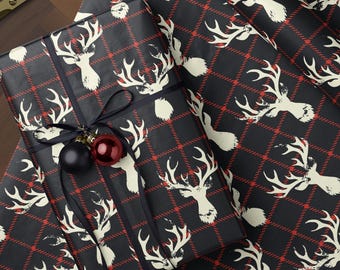 Christmas Wrapping Paper Roll Rustic Plaid Deer Head Theme Holiday Gift Wrap Roll Masculine Outdoor Hunter Nature Inspired Christmas