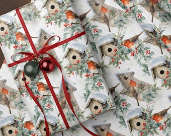 Woodland Robin Wrapping Paper Roll Birdhouses and Holly Rustic Christmas Gift Wrap Vintage Nature Holiday Paper Winter Bird Theme