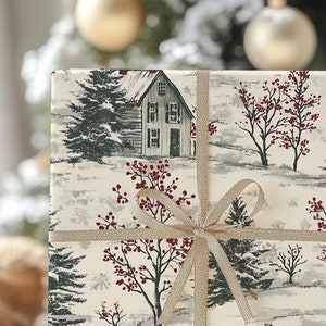 Vintage Christmas Wrapping Paper Roll, Rustic Woodland Toile Christmas Gift Wrap Roll, Holiday Gift Wrap, Luxury Christmas Wrapping Paper