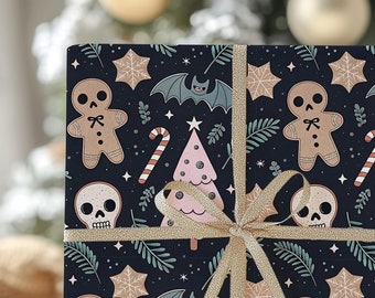 Pastel Goth Christmas Wrapping Paper Roll, Gingerbread Skull Christmas Gift Wrap Roll, Holiday Gift Wrap, Gothic Christmas Wrapping Paper