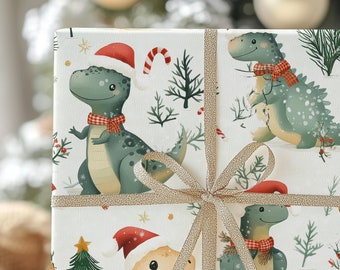 Dinosaur Christmas Wrapping Paper Roll, Dino Christmas Gift Wrap Roll, Holiday Gift Wrap for Kids, Luxury Christmas Wrapping Paper