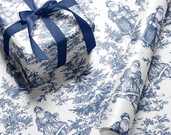 Vintage Christmas Toile Chinoiserie Wrapping Paper Roll Blue Santa Toile Pattern Elegant Holiday Gift Wrap Luxury Christmas Paper