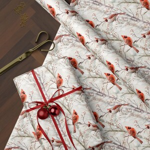 Red cardinal gift wrap for nature lovers and woodland-themed occasions
Vintage winter wrapping paper with red birds and neutral background