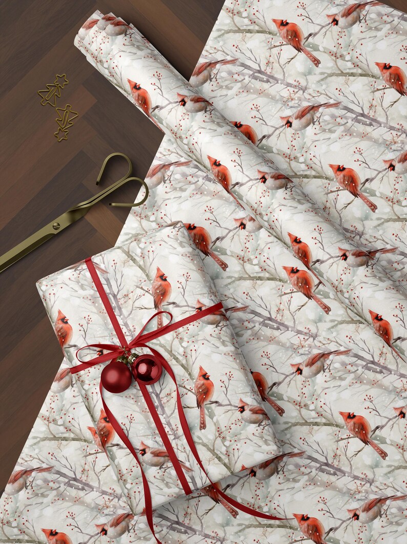 Red cardinal gift wrap for nature lovers and woodland-themed occasions
Vintage winter wrapping paper with red birds and neutral background