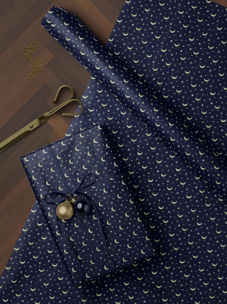 Luxury navy blue moon and star wrapping paper with gold details