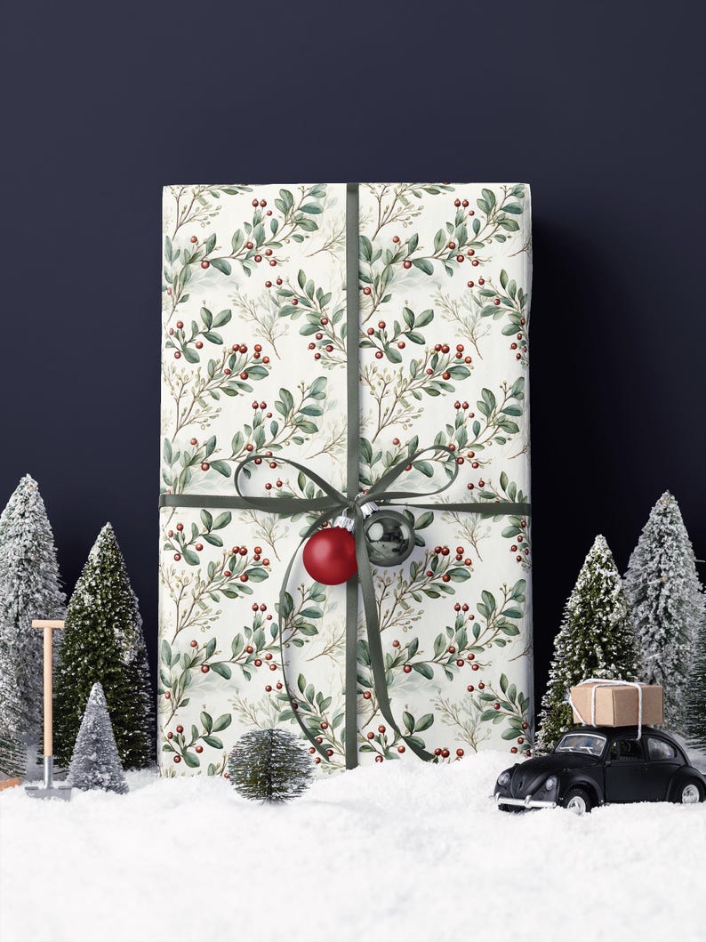 Botanical red berry wrapping paper for winter birthdays or nature-inspired events
Elegant vintage Christmas wrapping paper with green leaves and red berries