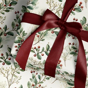 Greenery and red berries vintage Christmas wrapping paper roll for elegant holiday gifts
Botanical Christmas wrapping paper featuring holly, berries, and evergreen sprigs