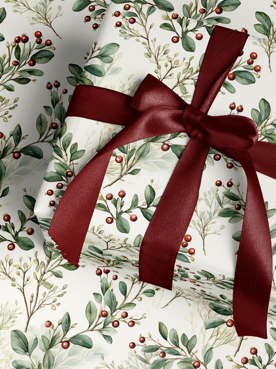 Greenery and Red Berries Vintage Wrapping Paper Roll Christmas Gift Wrap Botanical Winter Foliage Paper for Weddings Birthdays Any Occasion