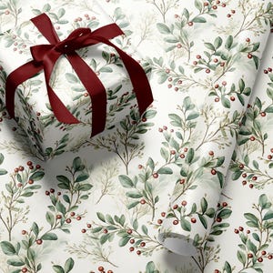 Rustic greenery and red berries wrapping paper for Christmas or wedding gifts
Vintage botanical wrapping paper for all occasions with winter greenery pattern