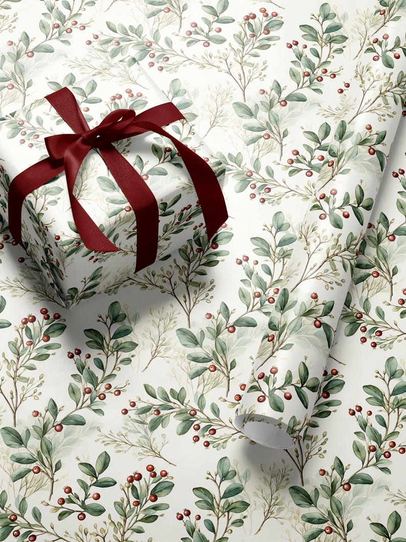 Rustic greenery and red berries wrapping paper for Christmas or wedding gifts
Vintage botanical wrapping paper for all occasions with winter greenery pattern