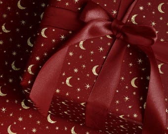 Rouleau de papier cadeau de luxe, lune céleste et étoiles, papier cadeau de luxe bordeaux vert foncé ou bleu marine élégant papier cadeau d'anniversaire