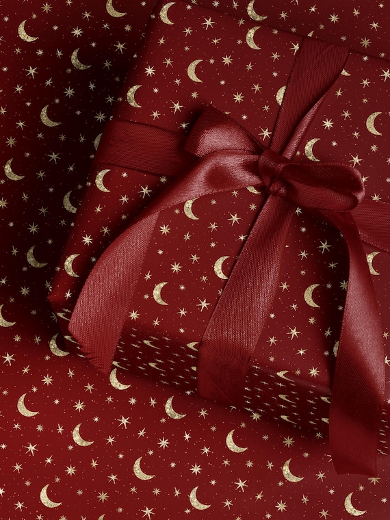 Celestial Moon and Star Wrapping Paper Roll Luxury Gift Wrap Burgundy Dark Green or Navy Blue Elegant Christmas Wrap Birthday Paper