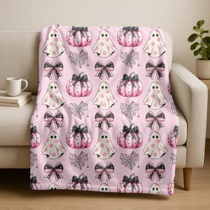 Coquette Halloween Blanket, Ghost Blanket, Velveteen Plush Blanket, Halloween Decor, Pink Halloween Gift for Girls, Plush Throw