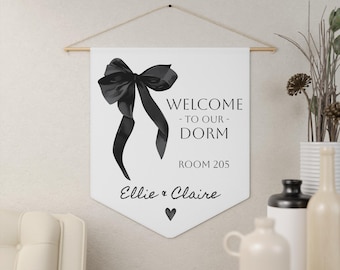 Welcome To Our Dorm Sign, Dorm Door Decor, Coquette Bow Dorm Room Decor for Girls, Dorm Room Flags, Dorm Room Wall Art, Dorm Room Gifts
