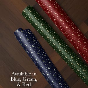 Elegant celestial moon and stars wrapping paper in navy blue, dark green, or burgundy red