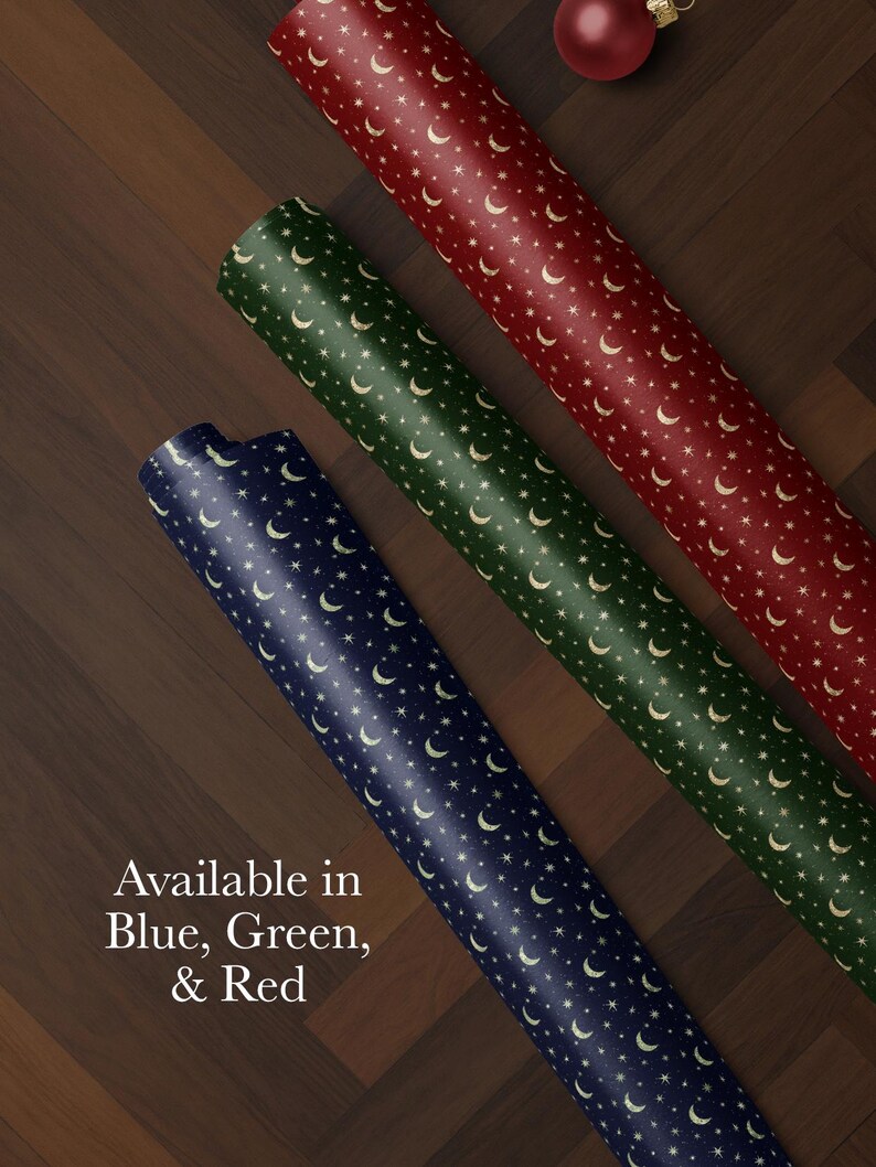 Elegant celestial moon and stars wrapping paper in navy blue, dark green, or burgundy red