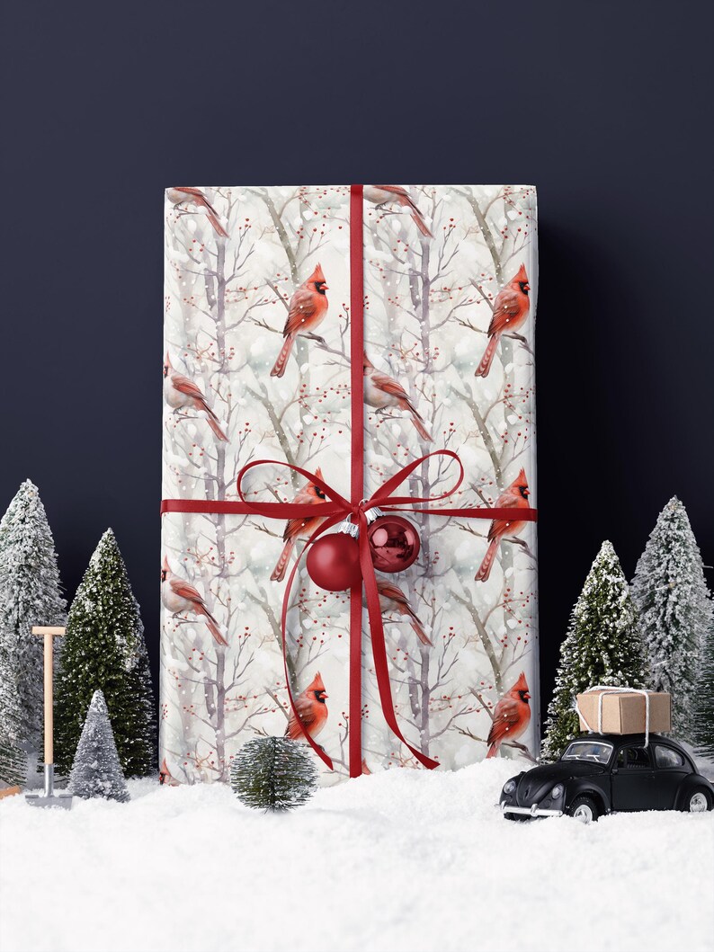 Rustic woodland paper for Christmas, birthdays, and winter weddings
Classic red bird wrapping paper with and forest details