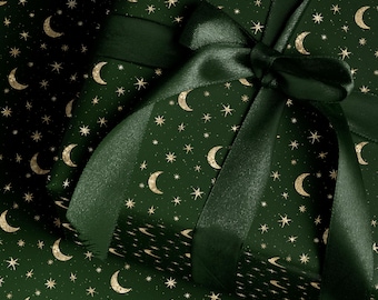 Rouleau de papier cadeau céleste, rouleau de papier cadeau de Noël, emballage cadeau de luxe étoiles de lune, papier d'anniversaire élégant en vert bordeaux ou bleu marine