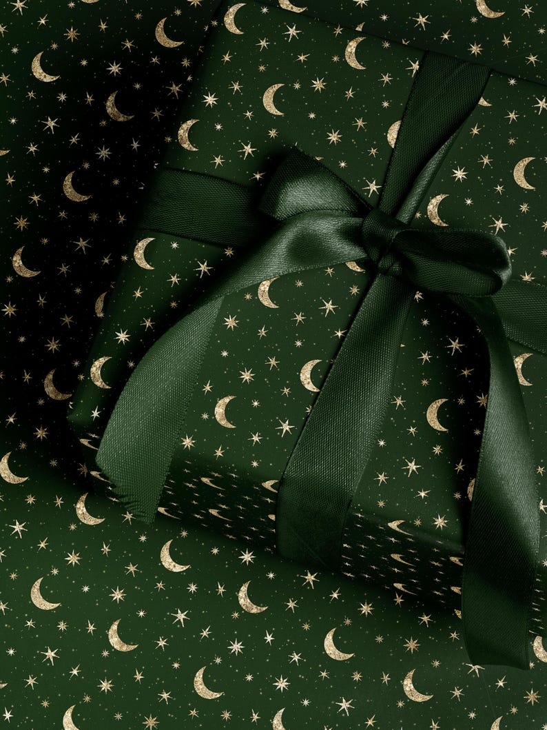 Elegant dark green gold celestial wrapping paper for holiday gifts