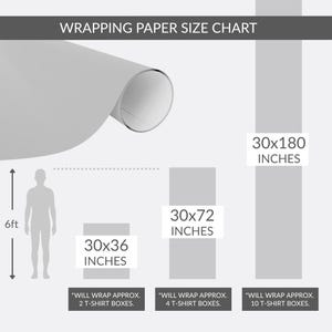 May include: A size chart for wrapping paper, with dimensions in inches. The chart shows three sizes: 30x36 inches, 30x72 inches, and 30x180 inches. The text indicates the approximate number of t-shirt boxes each size can wrap.