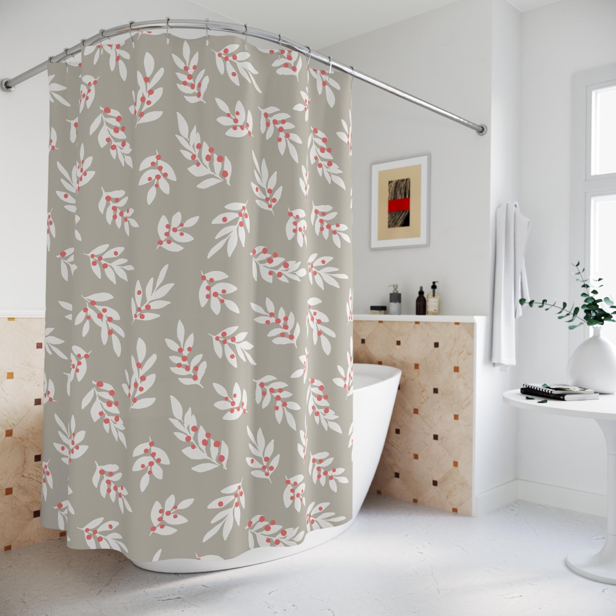 Christmas Shower Curtain, Modern Holly Red Berries, Bathroom Decor,…