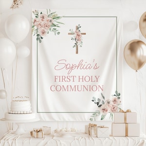 First Communion Sign, First Holy Communion Photo Backdrop, First Communion Decorations, Floral Cross, Girl First Communion Welcome Sign