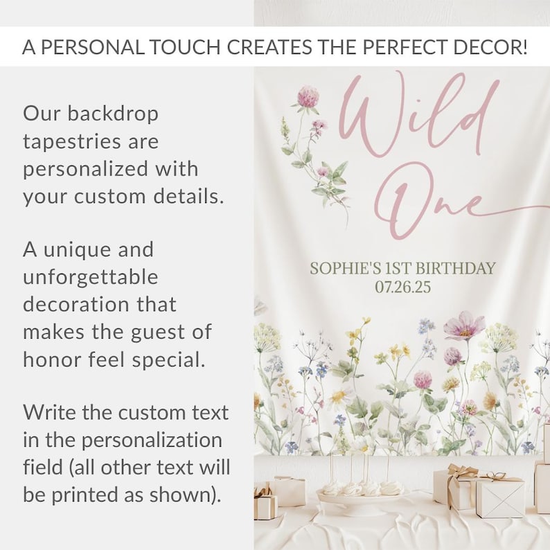 floral birthday tapestry for wild one milestone
boho photo backdrop for girl’s 1st birthday