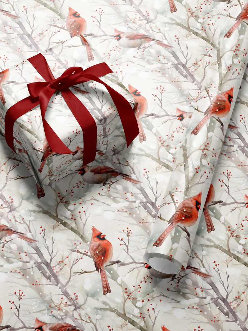 Red cardinal vintage wrapping paper roll with woodland rustic design for winter gifts
Nature-inspired wrapping paper featuring red cardinals and pine branches