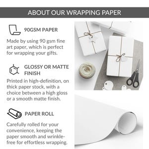May include: White wrapping paper with the text "ABOUT OUR WRAPPING PAPER". The image shows wrapped gifts, a roll of paper, and text describing the paper's features: 90 gsm, glossy or matte finish, and rolled for convenience.