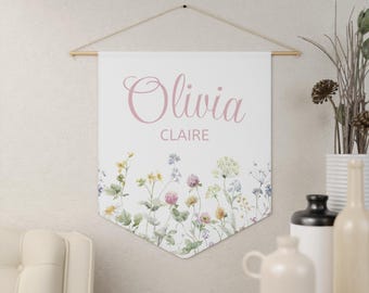 Custom Pennant Banner, Name Pennant Flag, Wildflower Wall Hanging, Baby Room Decor, Baby Shower Gift, Girls Nursery Decor, Kids Room Decor