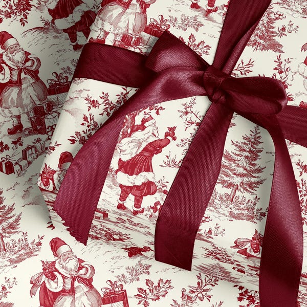 Rolo de papel de embrulho vintage de Natal Toile Chinoiserie com estampa de Papai Noel vermelho, elegante, papel de presente de Natal luxuoso