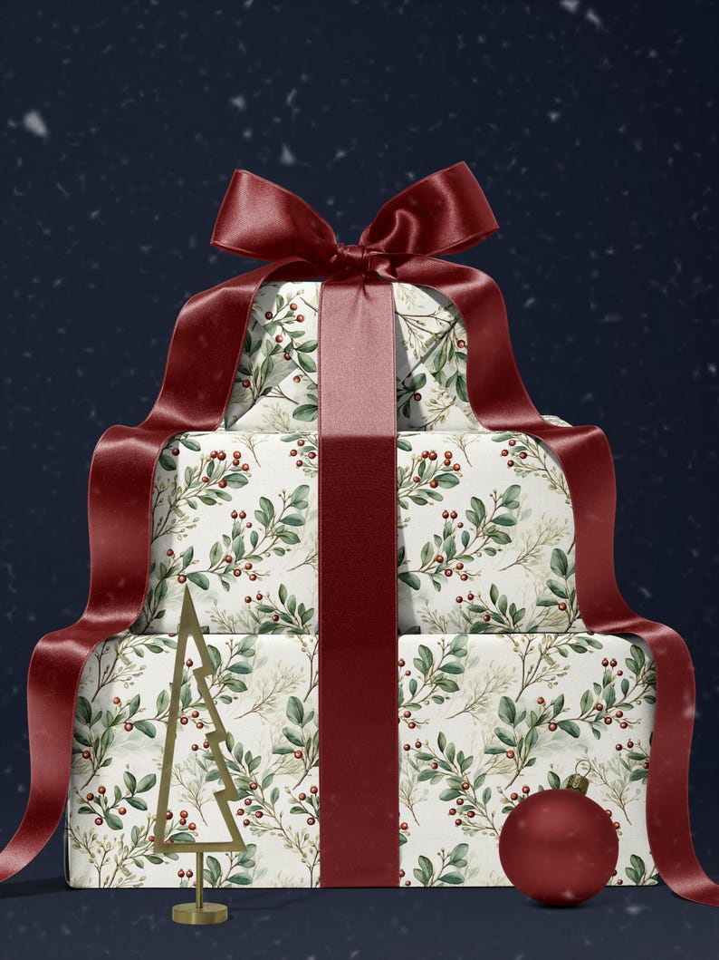 Neutral greenery holiday wrapping paper for cozy farmhouse or modern décor
Christmas and winter wrapping paper roll featuring botanical foliage design