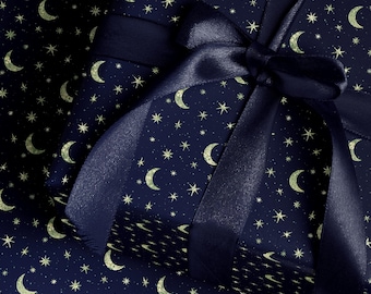 Rouleau de papier cadeau de Noël de luxe, lune et étoiles célestes, papier d'anniversaire élégant en vert bordeaux ou bleu marine