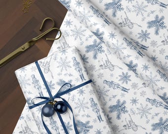 Nutcracker Christmas Wrapping Paper, Blue Toile Gift Wrap, Ballerina Snowflake Paper, Elegant Holiday Gift Wrap Roll