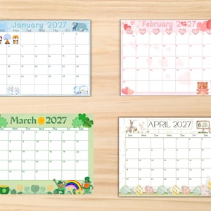 May include: Four rectangular monthly calendar pages for 2027. January features blue winter themes with penguins. February displays pink hearts and a teddy bear. March shows green shamrocks and leprechauns. April includes Easter eggs and bunnies.
