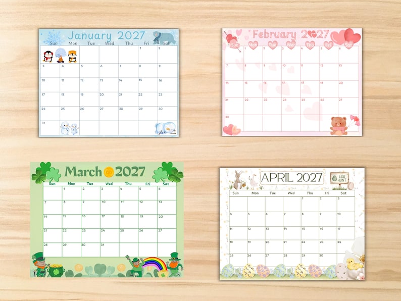 May include: Four rectangular monthly calendar pages for 2027. January features blue winter themes with penguins. February displays pink hearts and a teddy bear. March shows green shamrocks and leprechauns. April includes Easter eggs and bunnies.