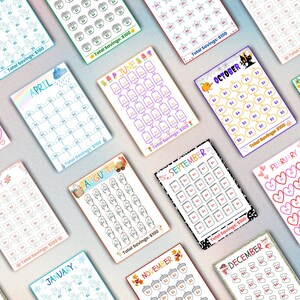 May include: A collection of colorful savings tracker printables, each designed for a different month. The designs include hearts, umbrellas, flowers, pumpkins, and other seasonal graphics. Each tracker is designed to save $100.